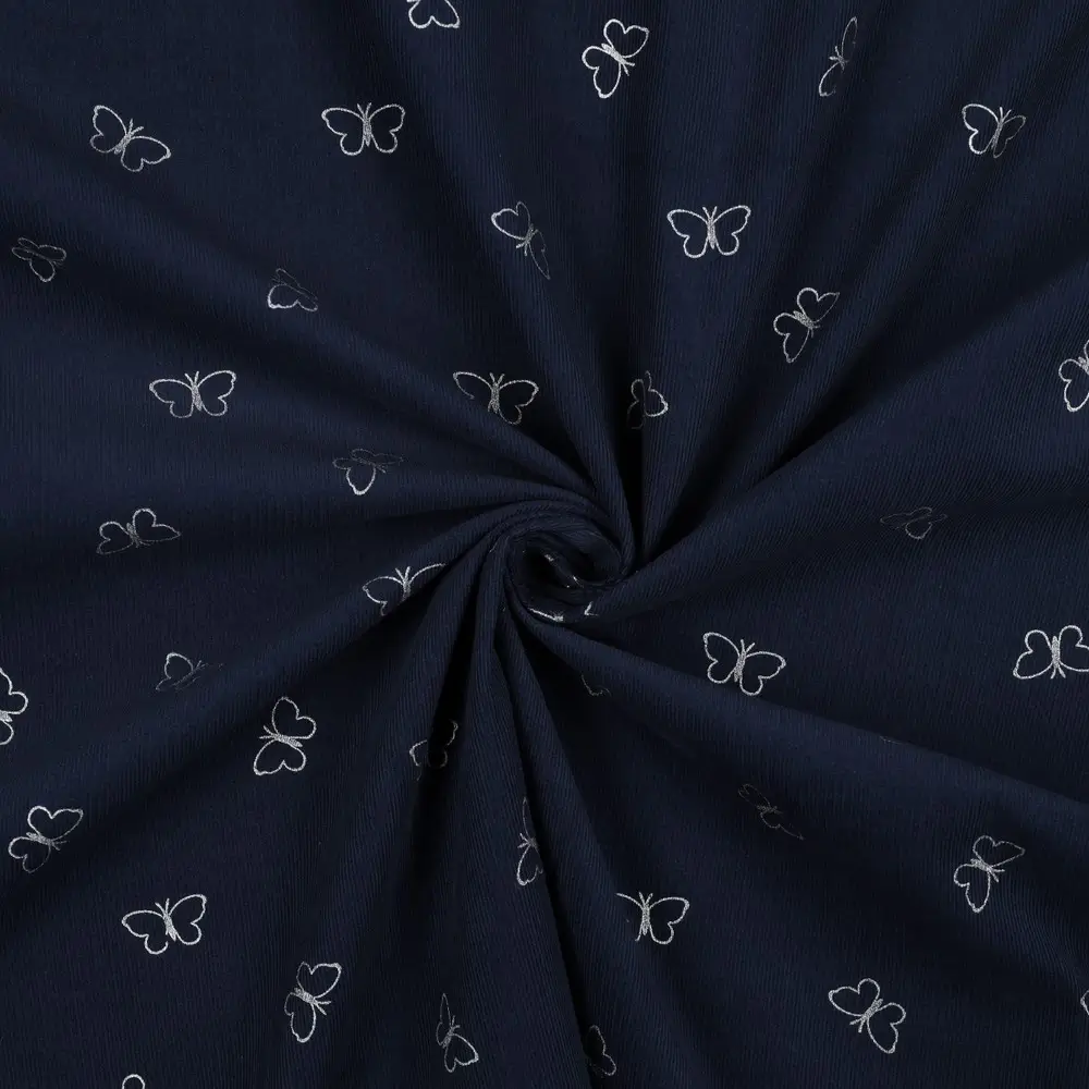 Babycord glitter butterflies navy