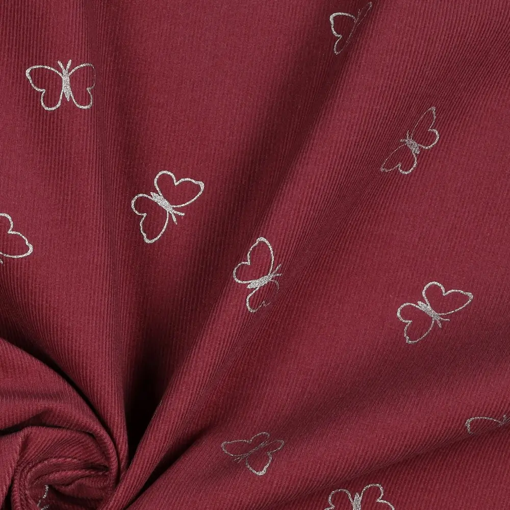 Babycord glitter butterflies bordeaux